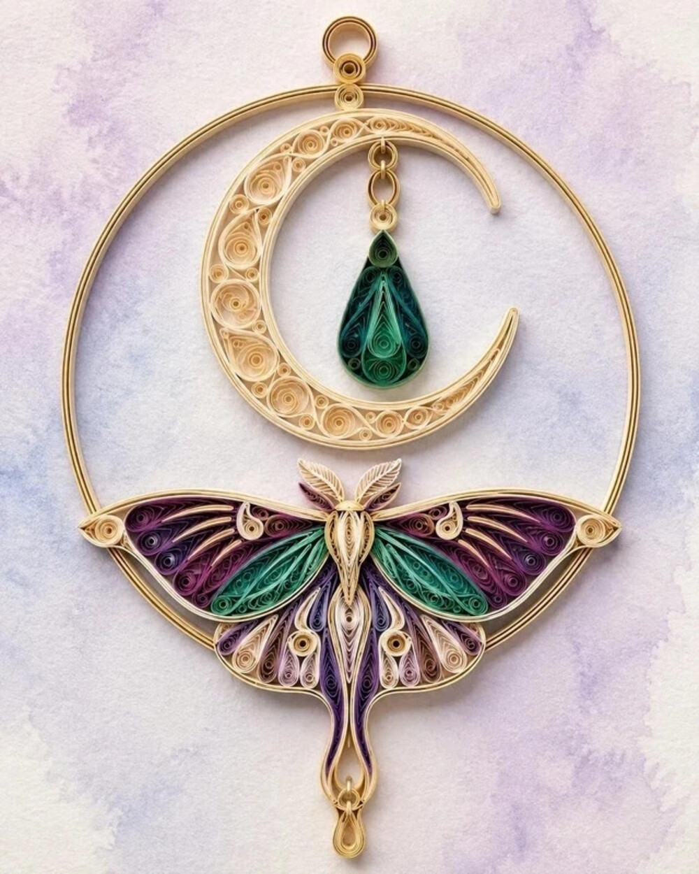 5x7 Crescent Moon Moth Framed 2D Quilling Style Art Print